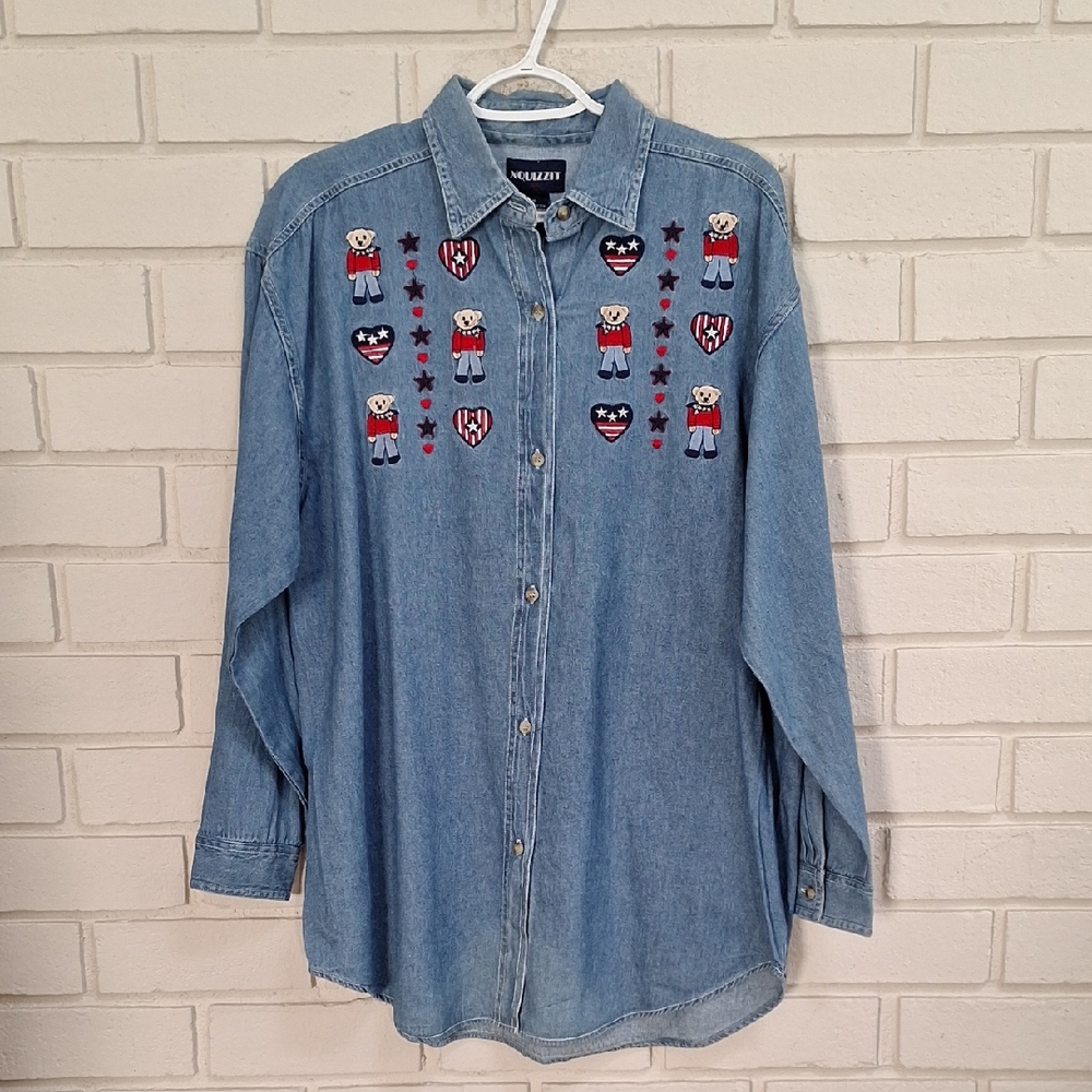 Denim Oversized Button-Up Shirt with Embroidered Bears. Size Medium NWT